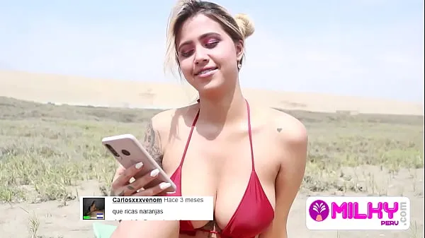 크고 신선한 비디오Huge tits on the beach, she is horny and wants my cock